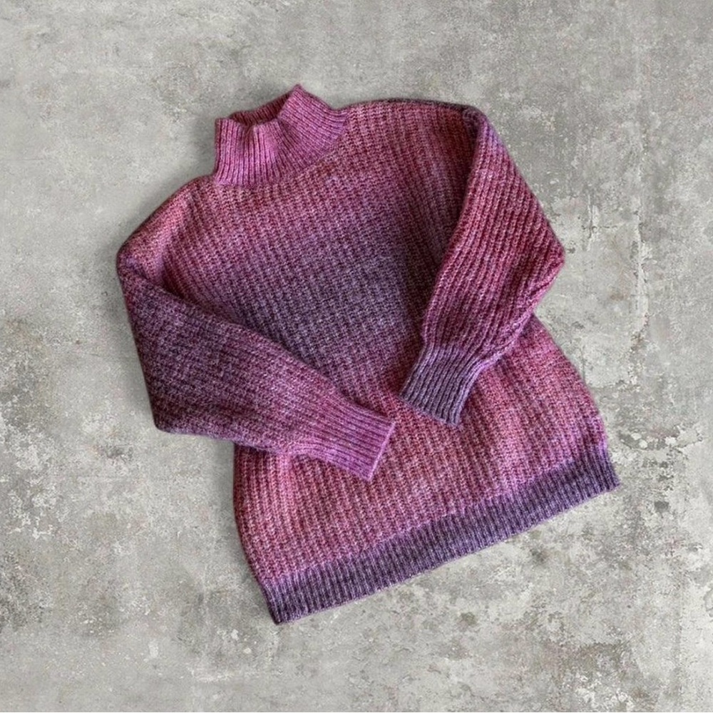 Aqua Ombre Pink to Purple Ribbed Mock Neck Sweater